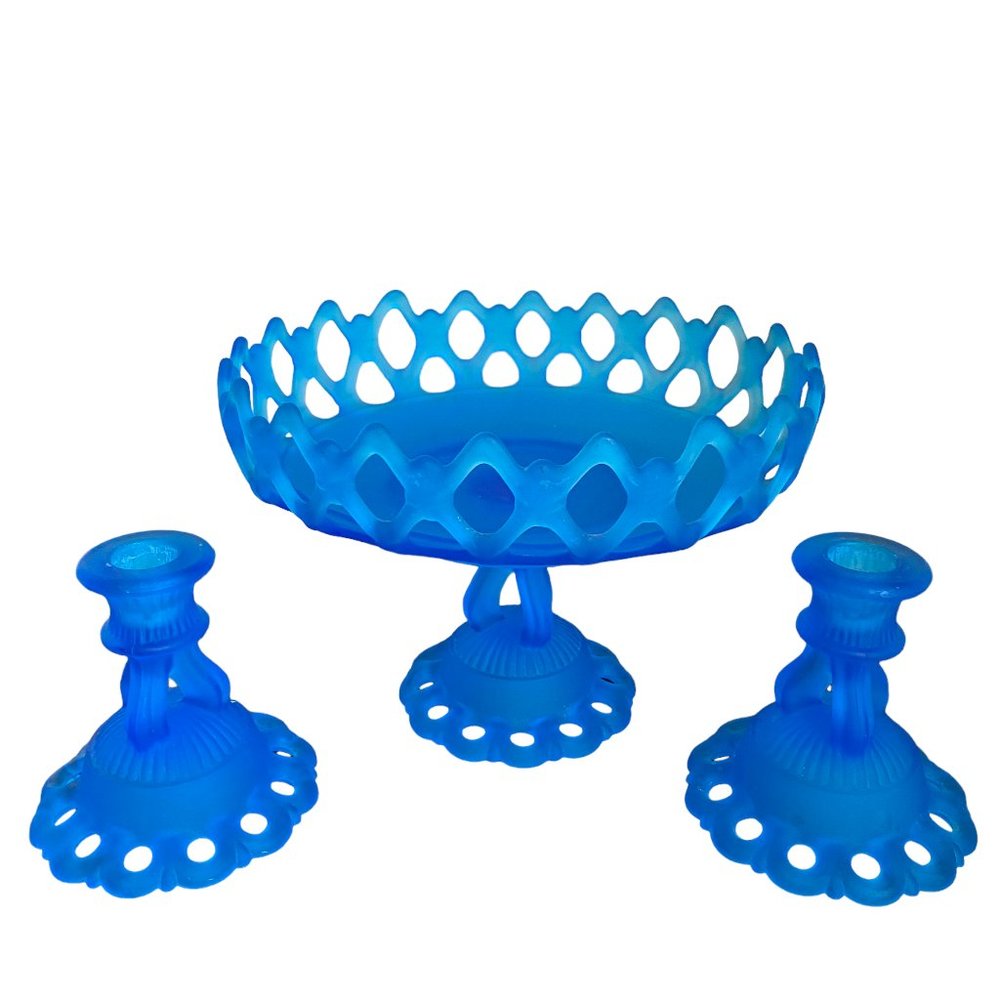 Vintage Westmoreland Elegant Glass Blue Satin Mist Doric Open Lace Console Set